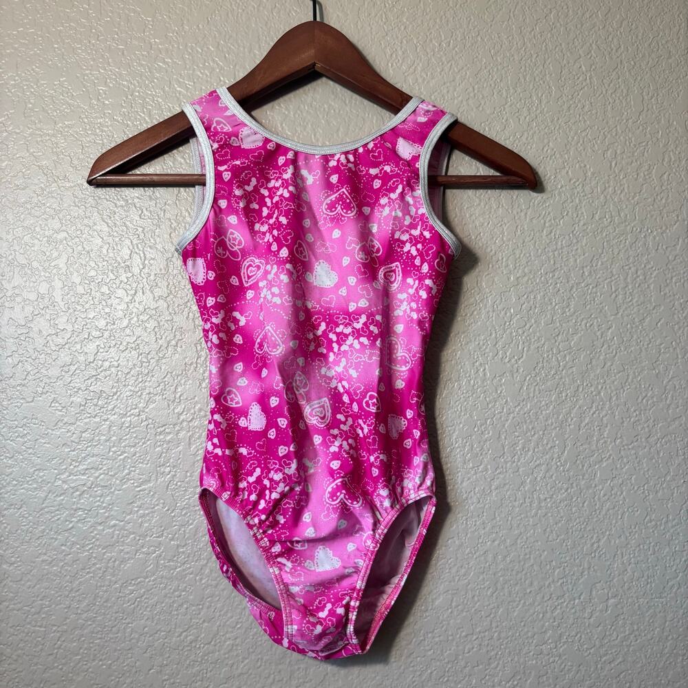 Destira Pink White Pattern Gymnastics Leotard - Child Large